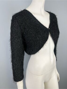 Yessica Black Fuzzy Cropped Bolero Sweater - Women - one button on front